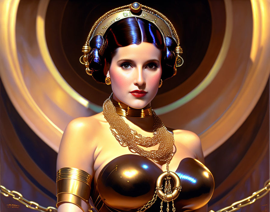 Futuristic digital portrait of a woman in gold attire on concentric circle backdrop