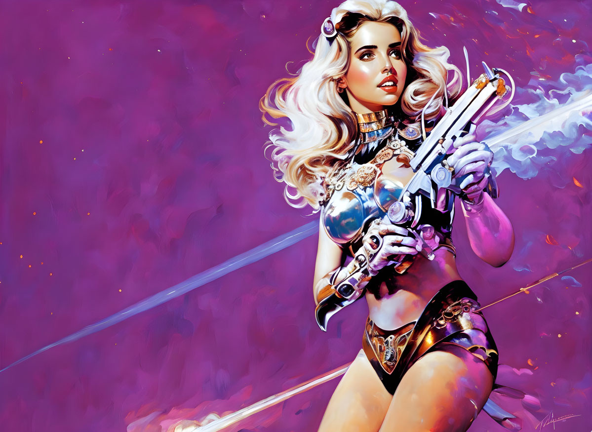 Blonde Woman in Metallic Armor with Futuristic Weapon on Purple Background