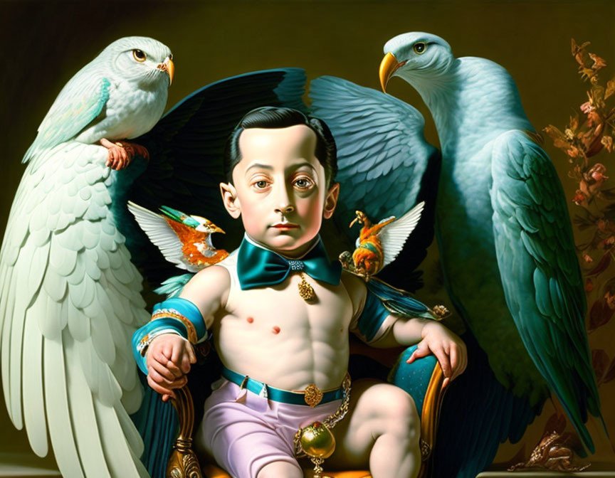 Surreal painting: Boy with angel wings on throne with eagles & birds