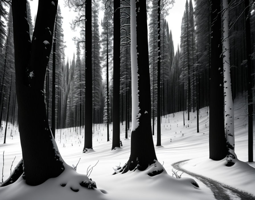 Snow-covered forest with tall trees and winding path