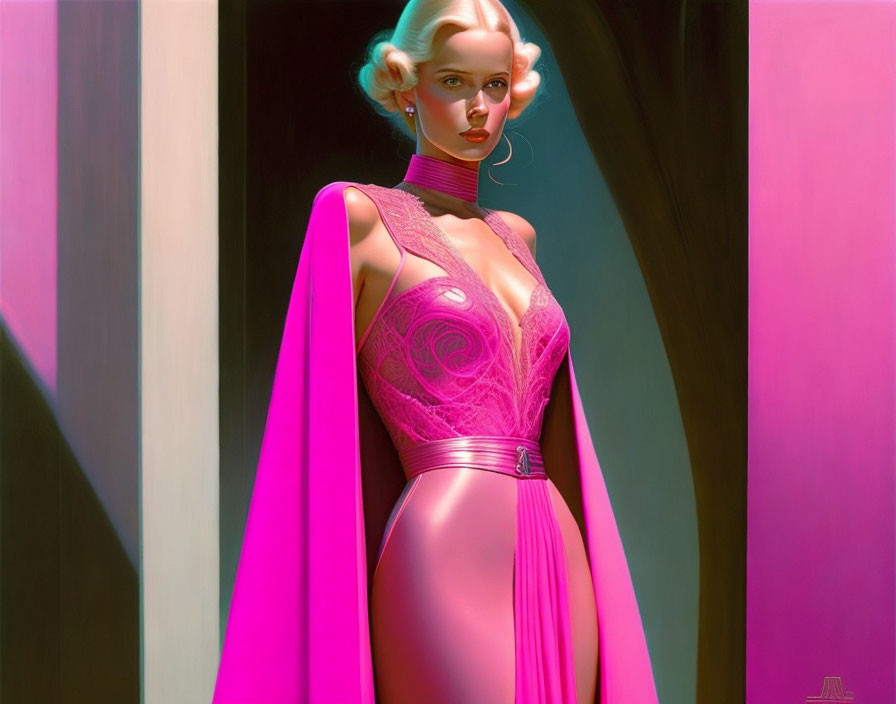 Digital illustration: Woman with blue hair in futuristic pink outfit under vibrant lighting