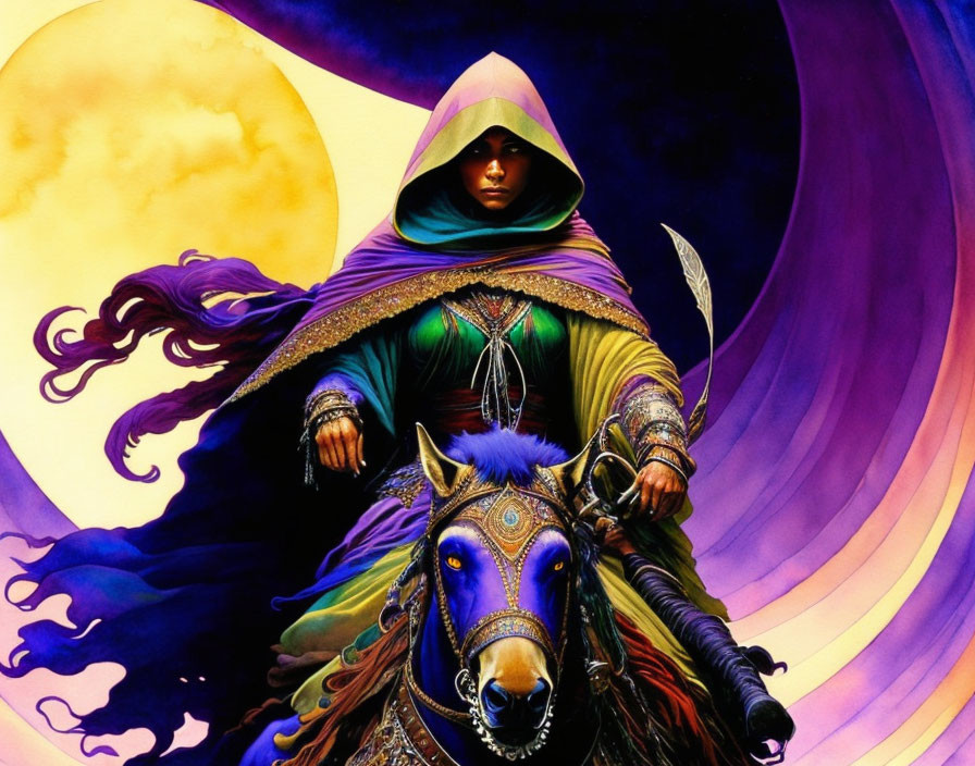 Mysterious Figure in Vibrant Cloak Riding Decorated Horse