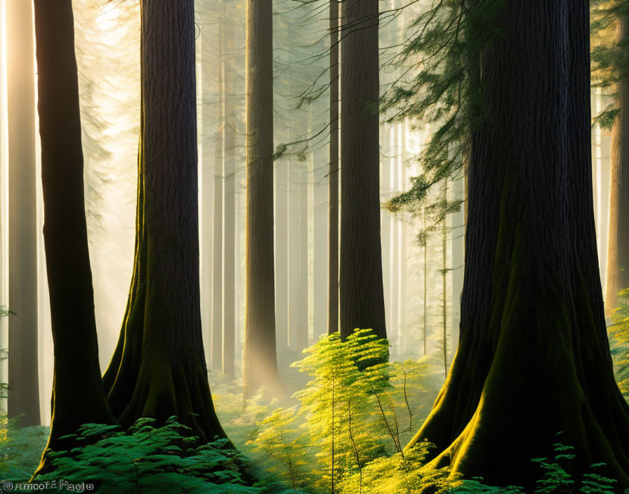 Misty forest scene with sunlight filtering through tall trees