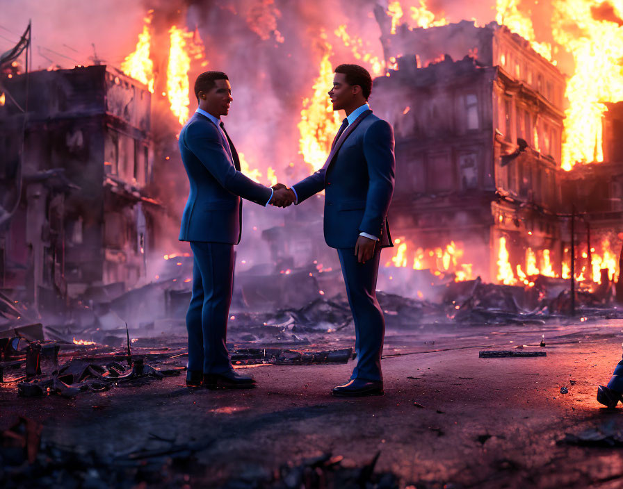 Apocalyptic scene: Two men in blue suits shaking hands