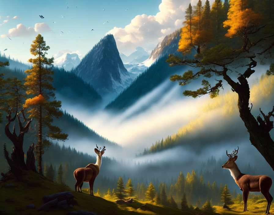 Majestic forest landscape with mist, mountains, deer, and autumn trees