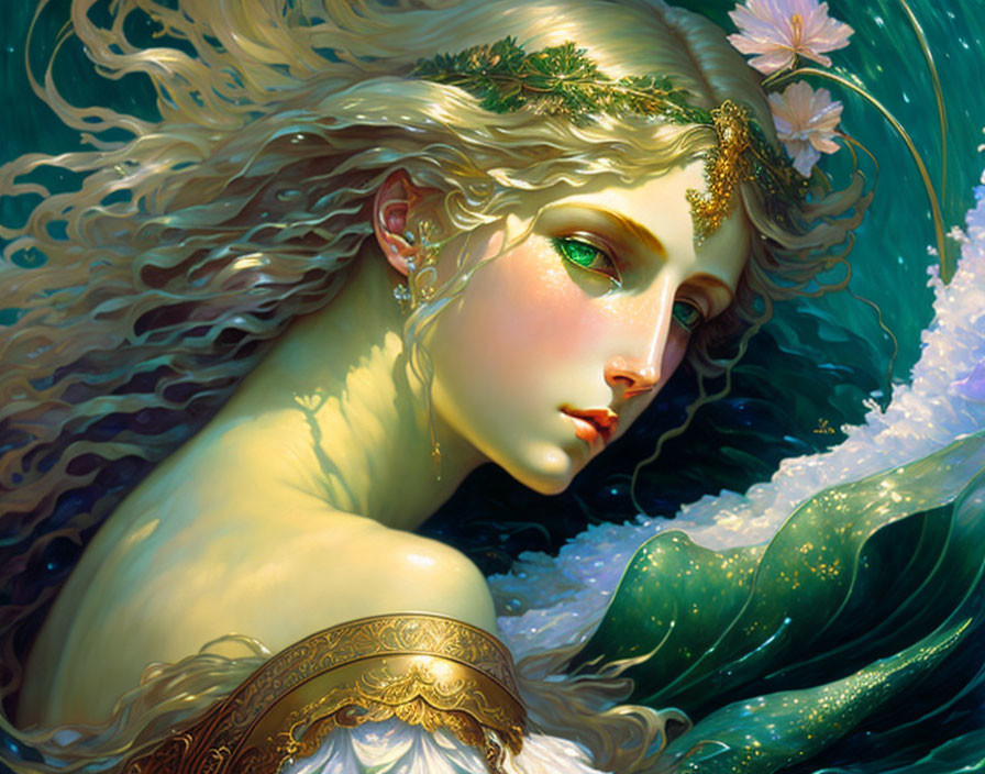 Ethereal elf with golden accessories in serene aquatic backdrop