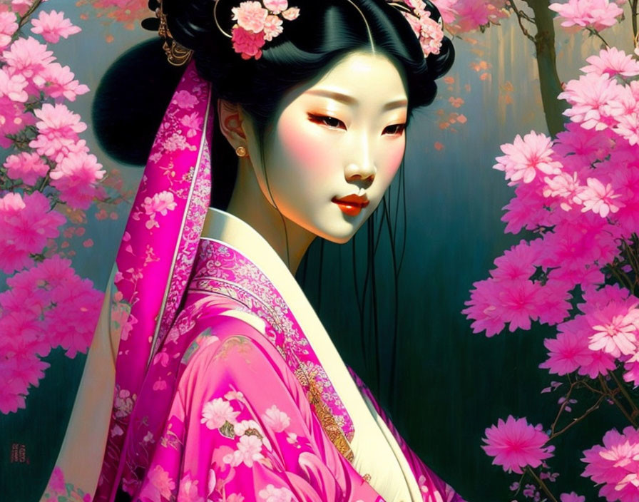 Asian woman in traditional attire with pink flowers - Elegant and serene portrait