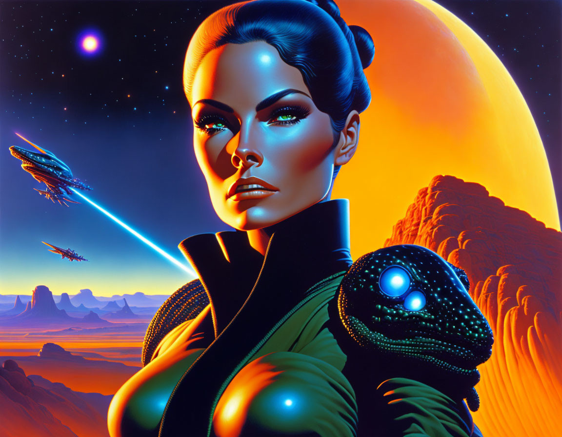 Sci-fi illustration of woman with exaggerated features and spaceships against alien sunset