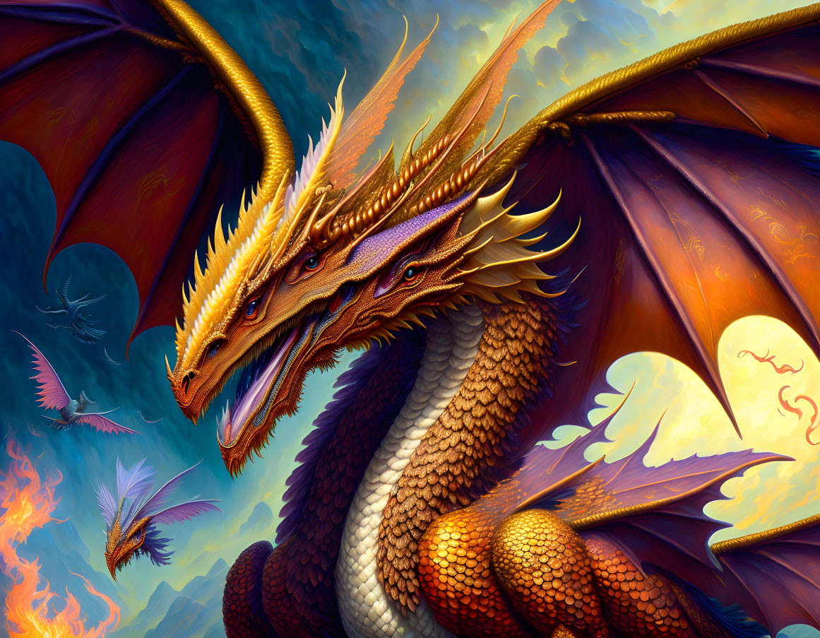 Majestic orange and gold dragon with large wings in fiery sky