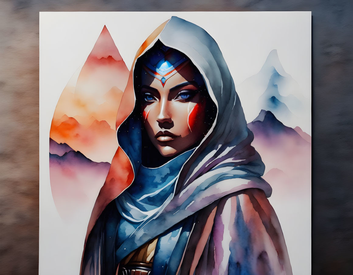 Vibrant sunset tones in watercolor painting of woman with hood