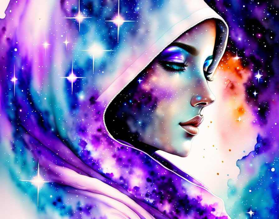 Cosmic-themed woman in hood with purple, pink, and blue background.