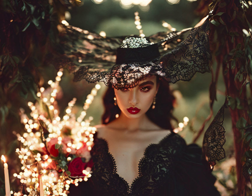 Woman in black lace mask and hat with dark red lipstick in gothic setting.