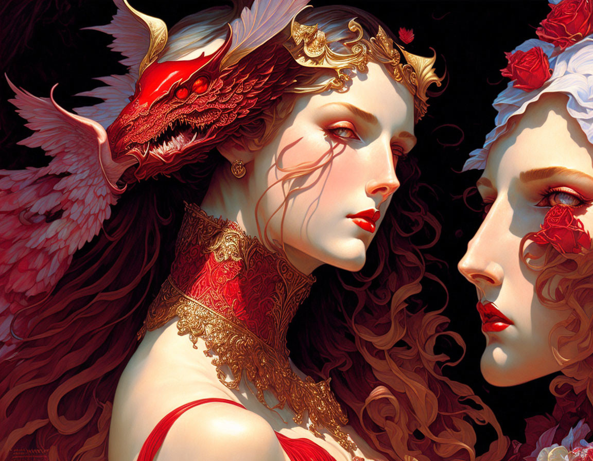 Artwork featuring two women with dragon and rose headdresses.