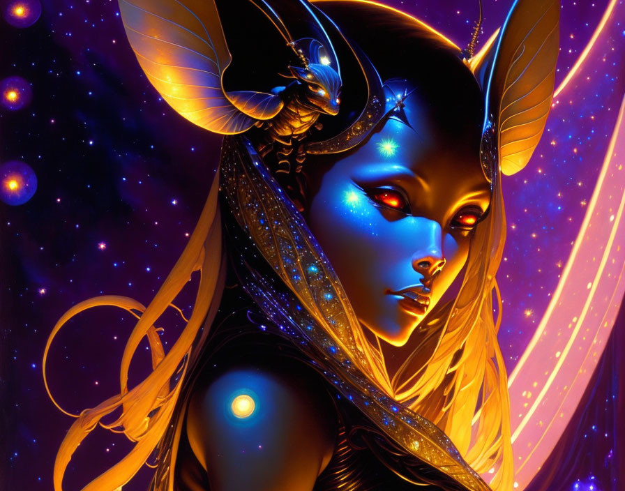 Futuristic female digital artwork with blue skin and golden headgear on cosmic background