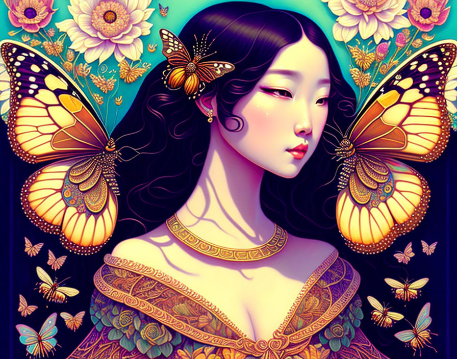 Digital Art Portrait: Woman with Butterflies, Gold Jewelry, and Floral Background