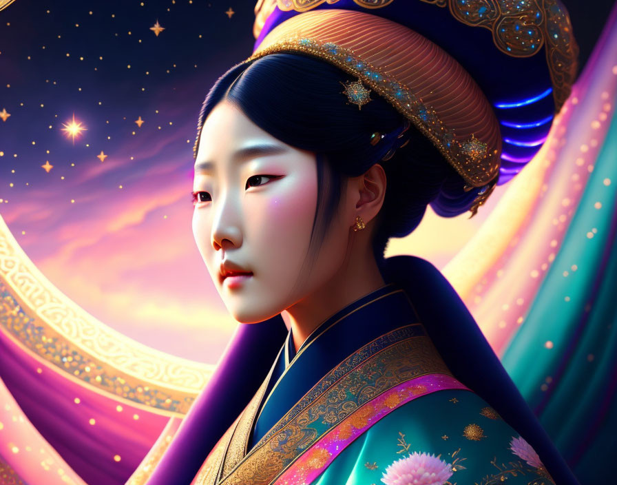 Traditional Korean attire woman digital artwork with vibrant starry background & ornate headdress