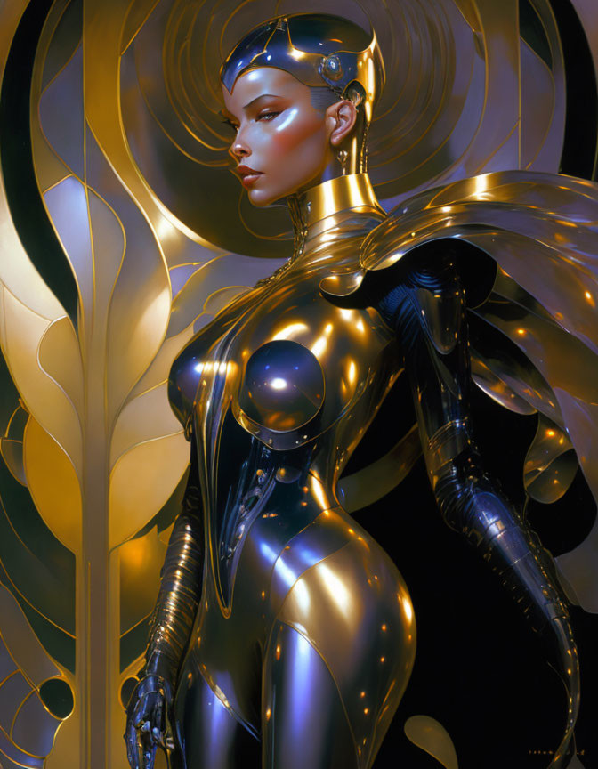 Futuristic female figure in gold and silver robotic suit on swirling golden background