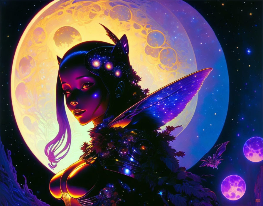 Colorful mystical fairy with glowing skin in front of moons and stars