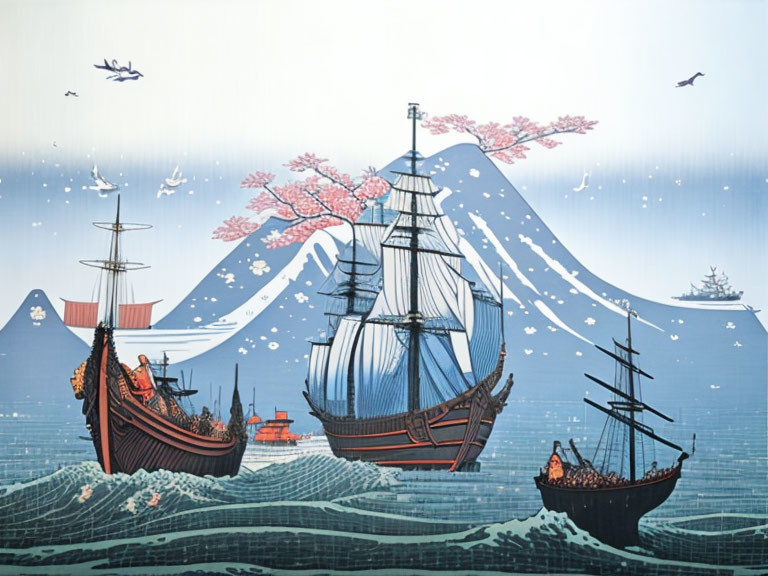 Japanese-style Illustration: Tall Ships, Mount Fuji, Cherry Blossoms