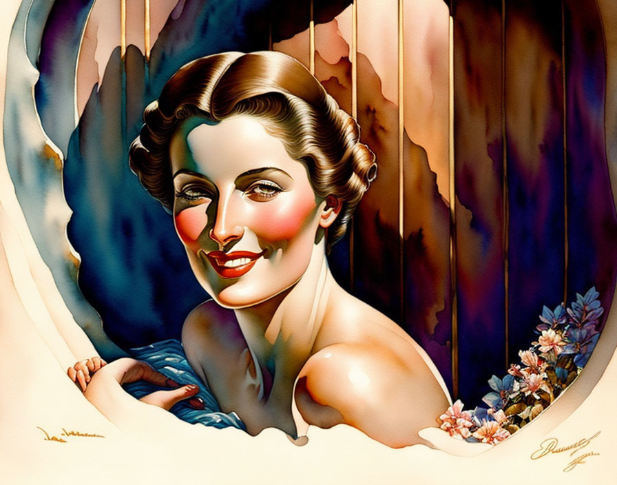 Vintage Illustration of Smiling Woman with Styled Hair and Floral Accent