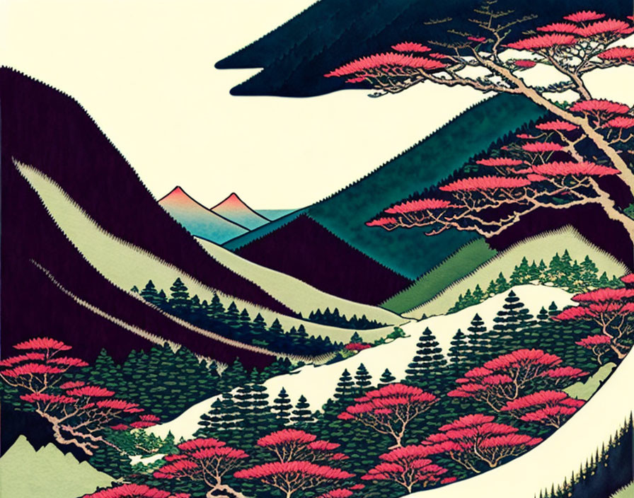 Pink-Tipped Trees in Japanese-Inspired Landscape