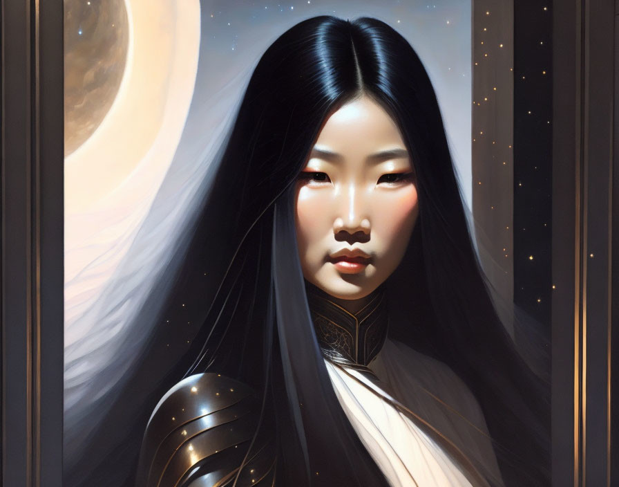 Illustrated portrait of woman in armor with long black hair under moon and stars