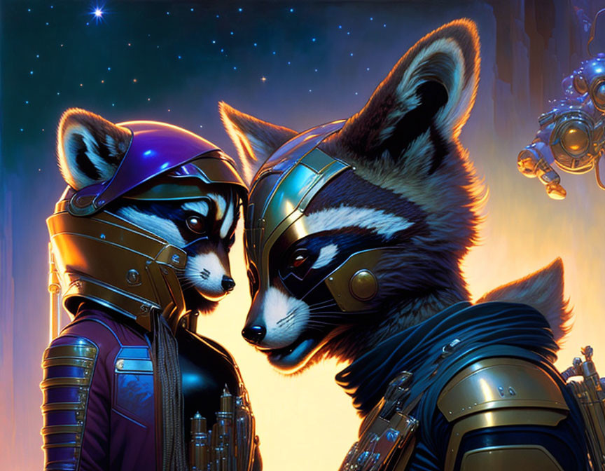 Anthropomorphic raccoons in futuristic armor face off in cosmic setting.