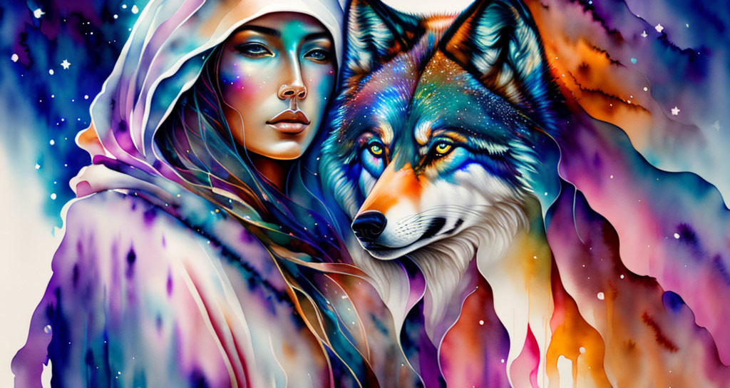 Illustration: Mystical woman and noble wolf in cosmic scene