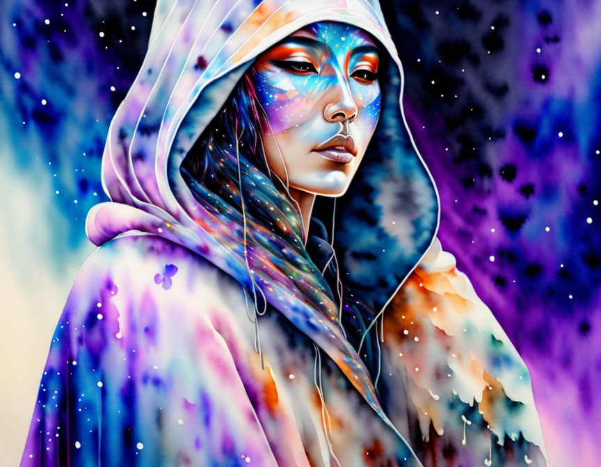 Vibrant watercolor portrait with blue skin and starry nebula backdrop.