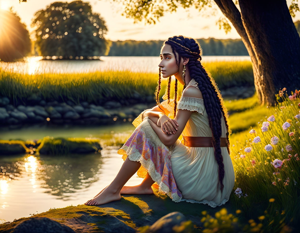 Woman with braided hair sitting by lake at sunset with flowers and trees in golden light