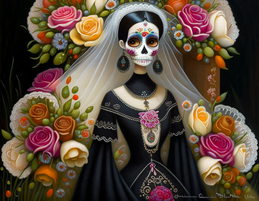 Colorful Floral Skull-Faced Woman Illustration with Black Dress