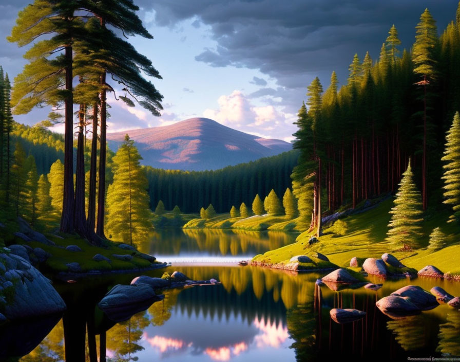 Tranquil forest scene: tall pines mirrored in serene lake at sunset