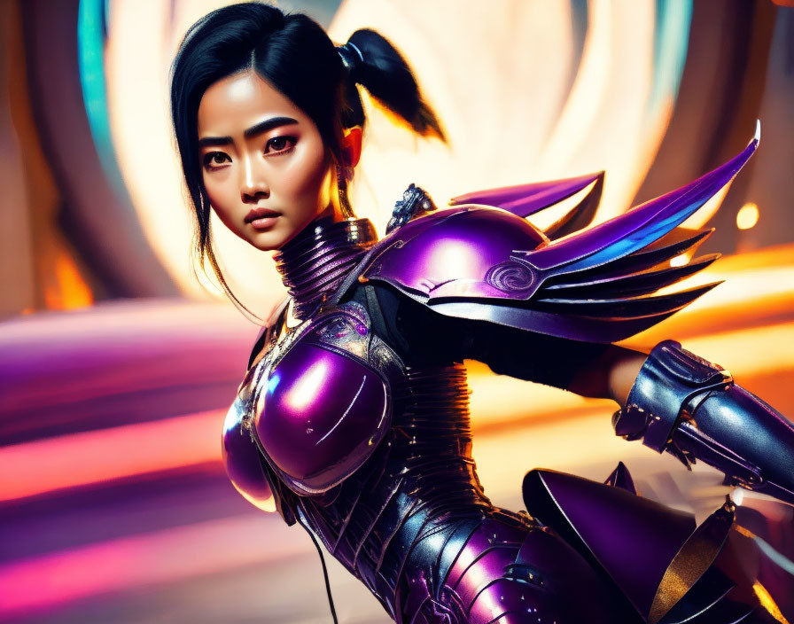 Futuristic woman in purple armor on colorful abstract backdrop