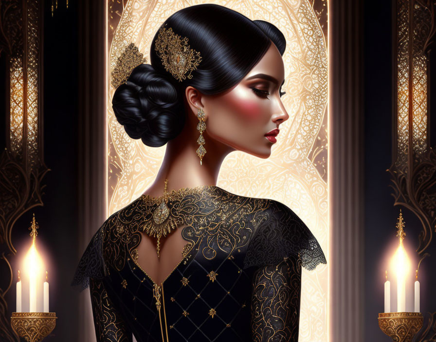 Illustrated woman with bun, headdress, collar, candles, and golden patterns