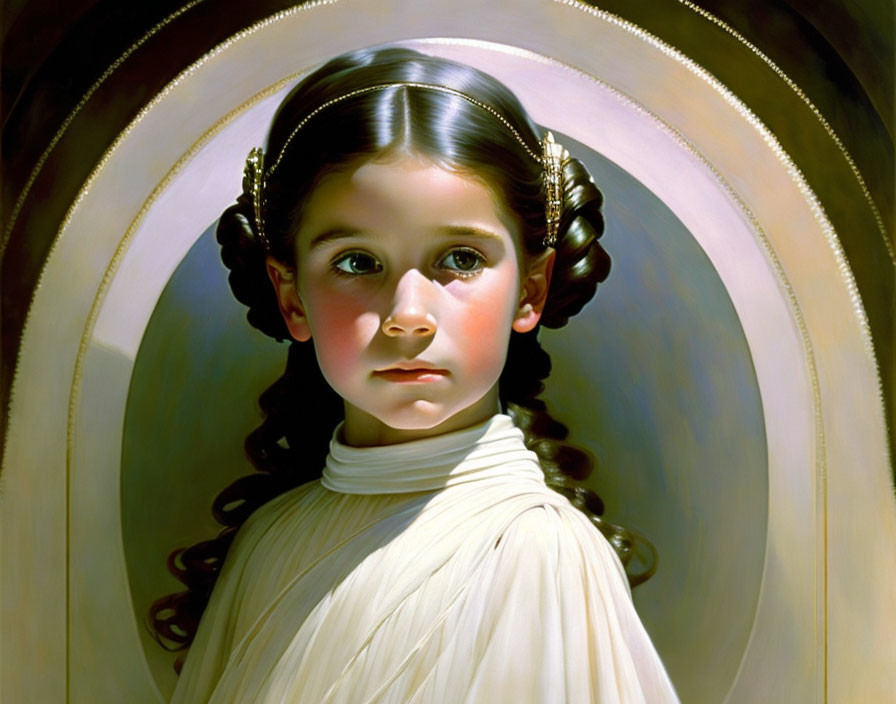 Portrait of Young Girl with Brown Hair in White Garment and Halo Background