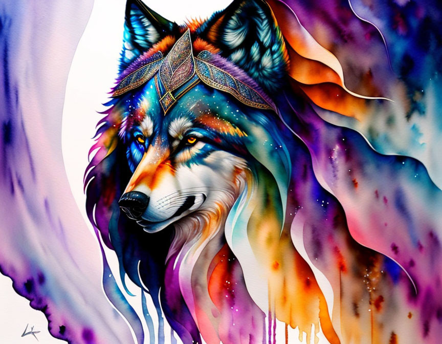 Colorful Watercolor Painting of Wolf with Cosmic Elements