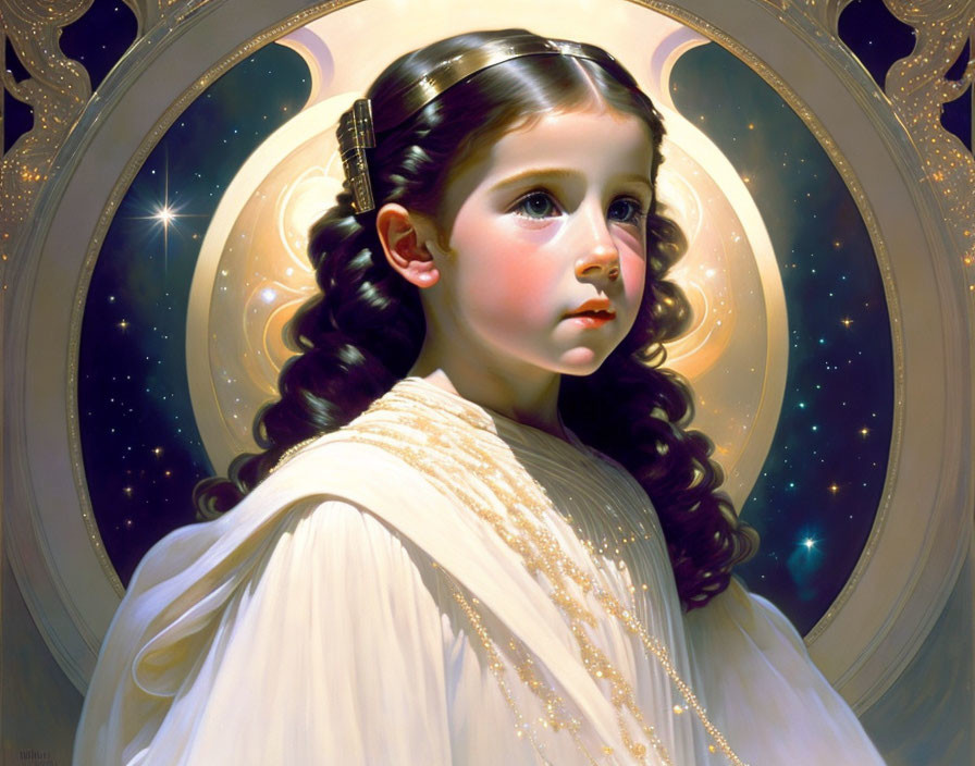 Young girl with long hair in white dress against cosmic backdrop with stars and mystical patterns