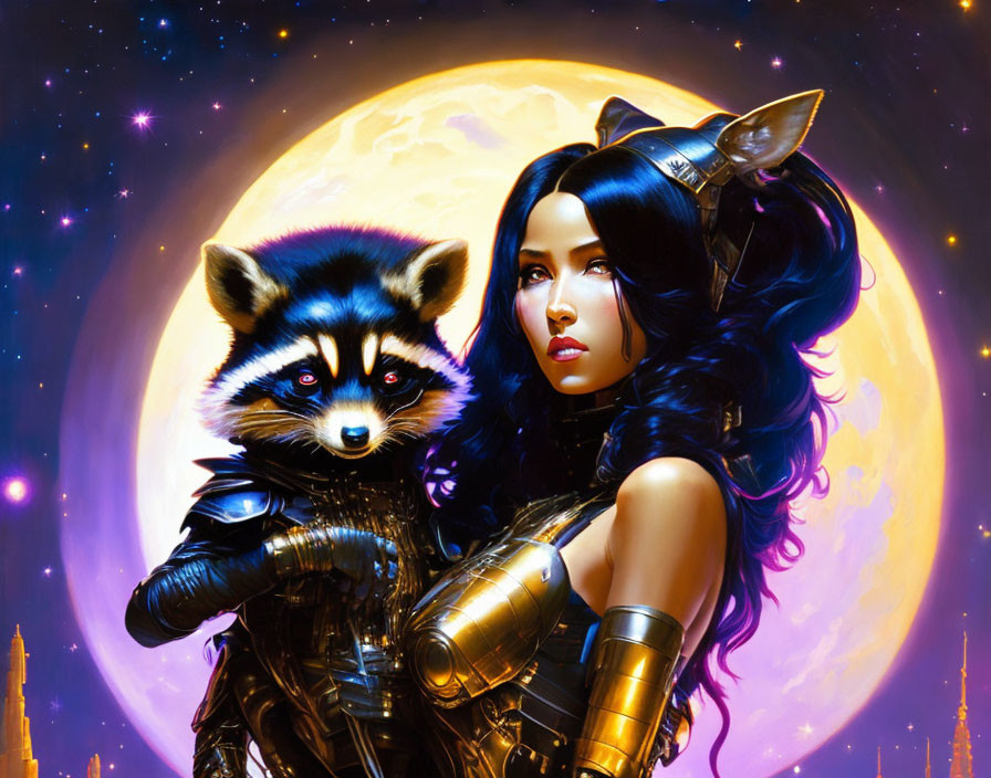 Female warrior with cat-like ears and raccoon companion in cosmic scene