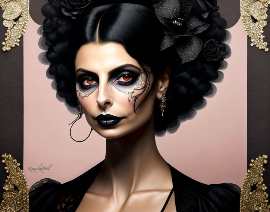 Dark Hair Updo & Skull Makeup in Ornate Frame - Stylized Portrait Details