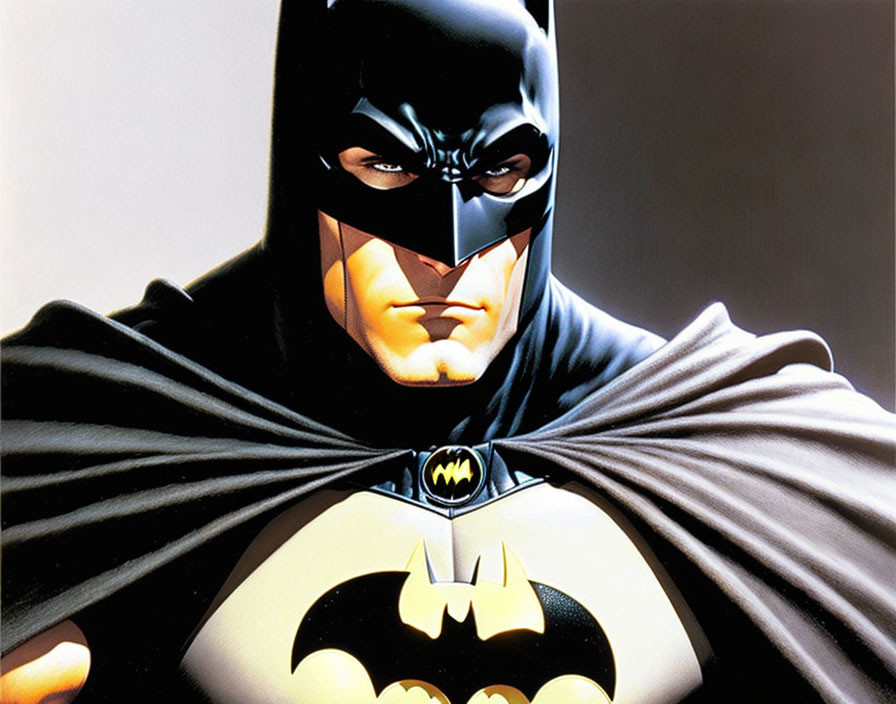 Detailed Batman illustration: iconic black costume, bat emblem, close-up of masked face and cape