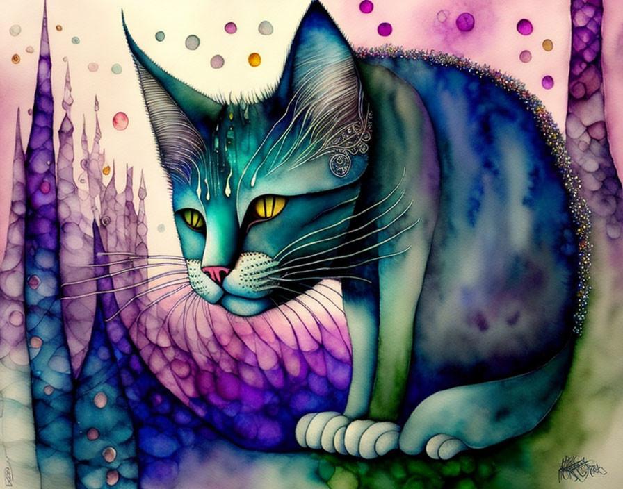 Colorful Whimsical Blue Cat Illustration with Abstract Purple Patterns