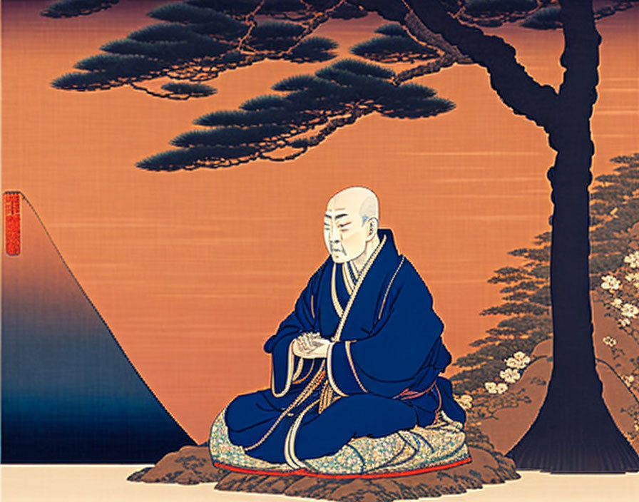 Traditional Japanese Artwork: Seated Monk in Blue Robes Under Pine Tree