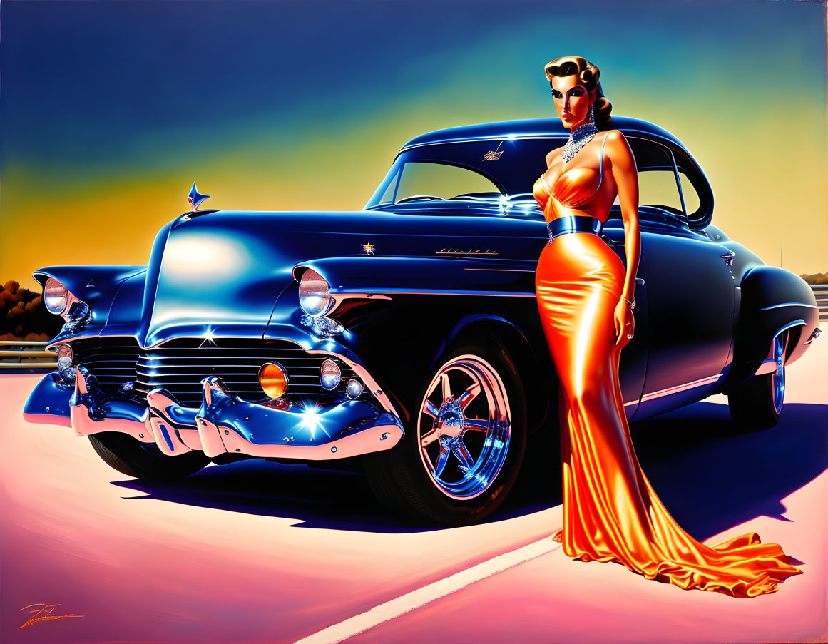 Stylized illustration of woman in golden dress by classic blue car