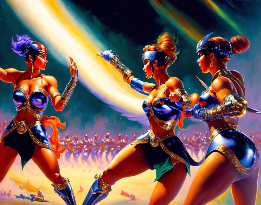 Futuristic female warriors in metallic armor facing soldiers under fiery sky