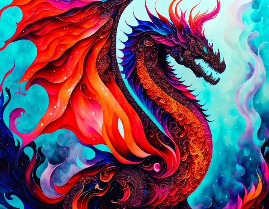 Colorful Mythical Dragon Artwork with Cosmic Background