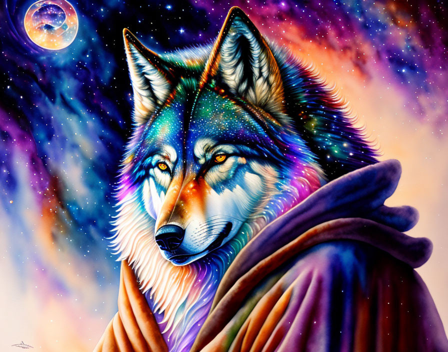 Cosmic wolf artwork with vibrant colors and mystical aura