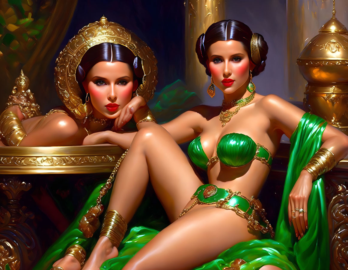 Stylized women in green and gold outfits with headdresses in luxurious setting