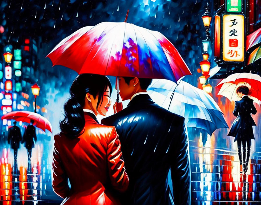 Colorful Artwork: Couple under Red Umbrella in Rainy Street