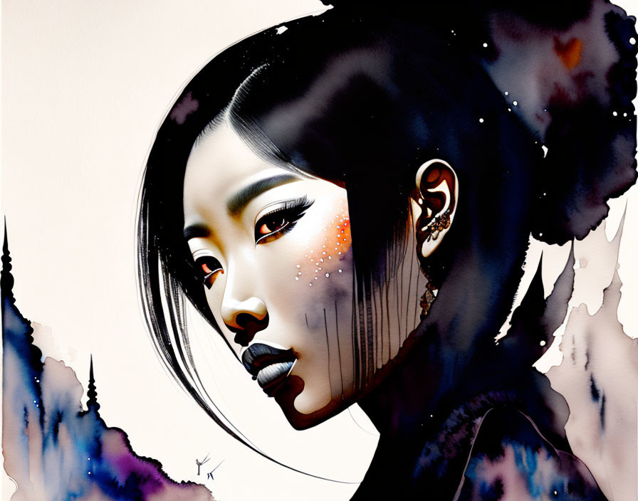 Illustration of woman with dark hair and bold makeup on abstract cityscape background