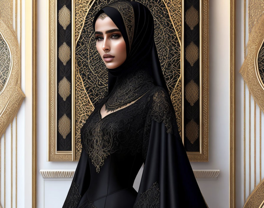 Portrait of a woman in black hijab with gold patterns on ornate backdrop